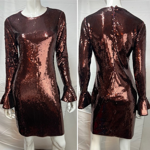 Michael Kors Women's Small Wine Red Brown Sequins Bell Sleeve Sheath Short Dress - Picture 1 of 7